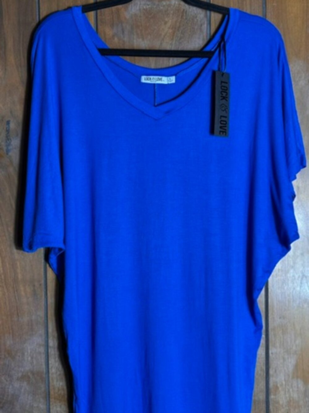 Lock & Love Tunic Blouse Womens Sz Large Royal Blue V-Neck Short Sleeve NWT